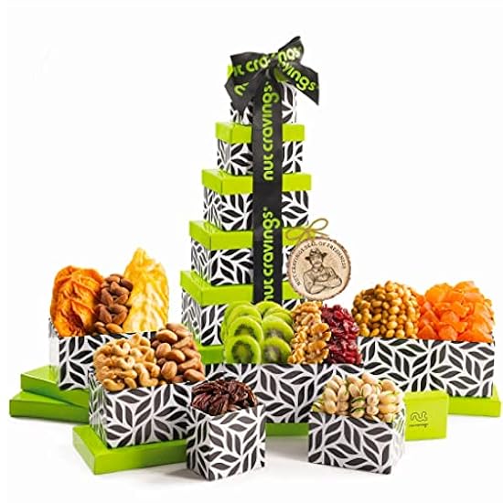 Nut Cravings Gourmet Collection - Congratulations Tower Gift Basket, Nuts & Dried Fruits with Congrats Ribbon + Greeting Card (12 Assortments) Food Platter Care Package Healthy Kosher Snack 844946882
