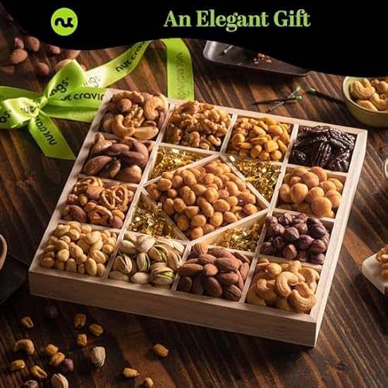 Nut Cravings Gourmet Collection - Mixed Nuts Gift Basket in Reusable Diamond Wooden Tray + Grün Ribbon (13 Assortments) Easter Arrangement Platter, Healthy Kosher USA Made 916330372