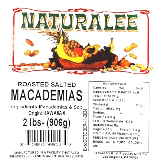 Naturalee Hawaiian Macademia Nuts 2lb - Roasted Salted - Gluten Free, High Fiber, Vegan, and Keto - Plant Based Protein 704687573