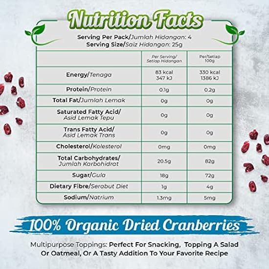 Organic Dried Cranberries 100g Import from Canada. Packed Fresh in Resealable Bag. 100% Natural with Sweat/Sour Taste. Perfect for Snacking, Salad or Oatmeal Topping, Baking, 12 Packs, country farm 337773312