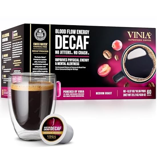 VINIA Blood Flow Energy Kaffee DECAF - Medium Roast Superfood Kaffee Pods, Swiss Wasser Process Powered by Rot Grape Piceid Resveratrol for Physical Energy and Mental Alertness, Caffeine Free, 60 Ct 321789916
