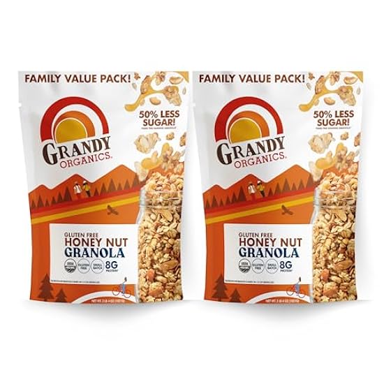 Grandy Organics Honey Nut Gluten Free Granola - Certified Organic, Non-GMO, Lower Sugar, Family Value Size 2 Pound Bags, Bulk Pack of 2 977766986