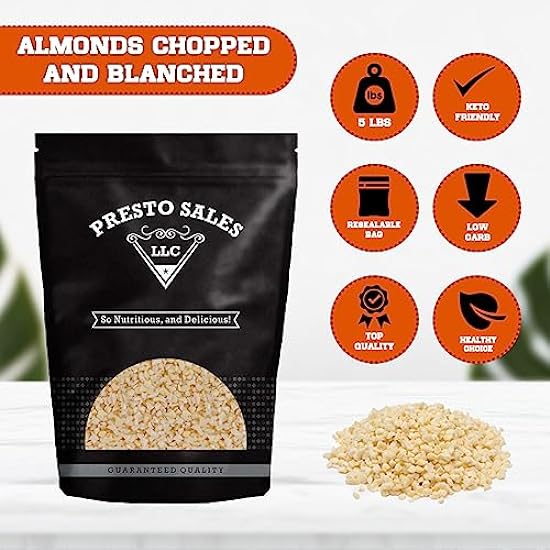 Presto Sales Chopped Almonds Raw, NEW FRESH November 2023 goods, 80 oz. | All Natural Blanched Almonds | High Protein, Keto, Non GMO | Packaged in Resealable 5 lbs Pouch Beutel 278801616