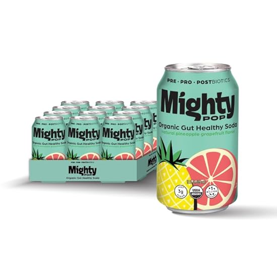 Mighty Pop (Pineapple Grapefruit) | Organic Prebiotic Probiotic Postbiotic Drink | 12-Pack Cans - Tropical Fusion of Pineapple and Grapefruit for a Zesty and Gut-Friendly Experience. 625695608