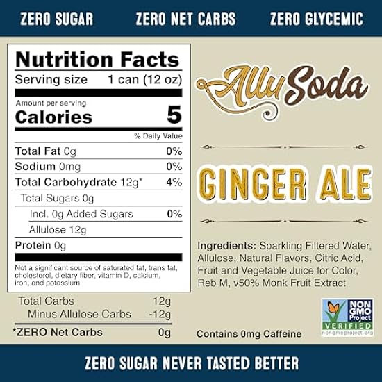 AlluSoda - Zero Sugar Craft Soda Naturally sweetened with Allulose, Monk Fruit & Reb M. Keto & Diabetic friendly with 0 net carbs and low calories (12-Pack Variety = 4 Craft Cola + 4 Lemon & Lime + 4 Gingerale) 778281897
