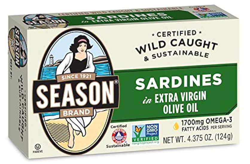 Season Sardines in Extra Virgin Olive Oil, 1700 mg Omega-3 Wild Caught, Canned, 4.375 oz (12-Pack) 538266235