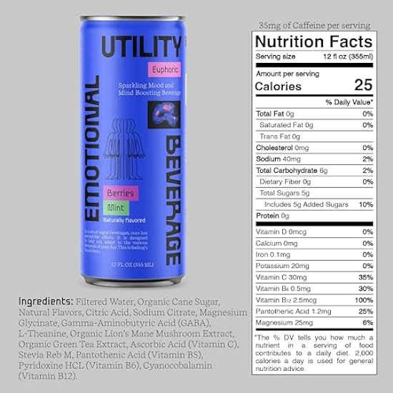 Emotional Utility Beverage - Euphoric: Berries Mint Sparkling Beverage with Nootropics & Adaptogens, 12oz cans (12 pack) 220214228