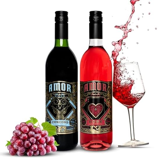 Amor Vines Premium Unfiltered Grape Juice High End Wine Alternative | Pack of 2 750ml Bottles Gift Box Packaging No Alcohol Pure Grape Juice (1xConcord & 1x Rose, Pack of 2) 674404455