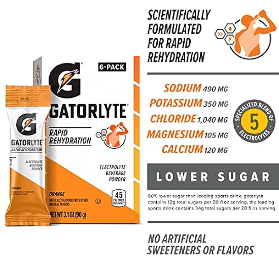 Gatorlyte Rapid Rehydration Electrolyte Beverage, Orange, Lower Sugar, Specialized Blend of 5 Electrolytes, No Artificial Sweeteners or Flavors, Scientifically Formulated for Rapid Rehydration, 48 pack. 1 pack mixes with 16.9oz (500ml) water.​ 322019487