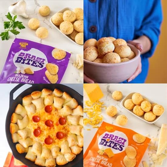 Brazi Bites Variety Pack | Brazilian Cheese Bread & Pizza Bites | Better-For-You Frozen Snacks I Gluten-Free I Grain-Free I Soy-Free | No Artificial Ingredients | No Preservatives (4-pack) 736201793