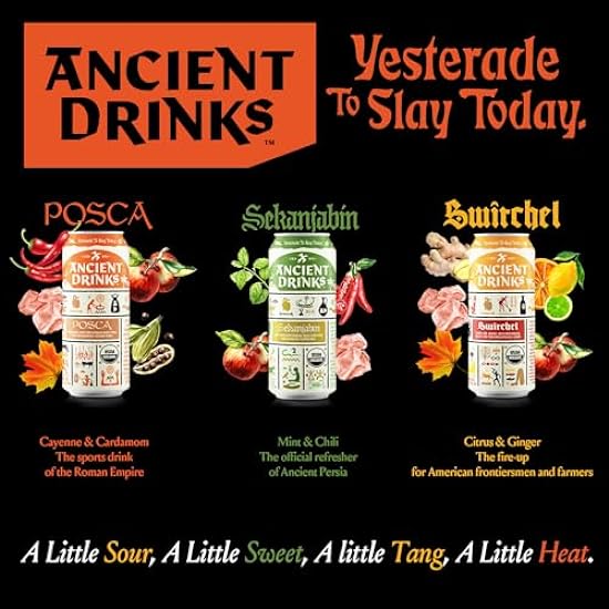 ANCIENT DRINKS Apple Cider Vinegar Beverage with Electrolytes, Vitamins, & Probiotics, Organic, Super-Hydrating Sports Drink - Mixed Pack (Posca, Switchel, Sekanjabin) - 16 fl oz (12 cans) 382852356