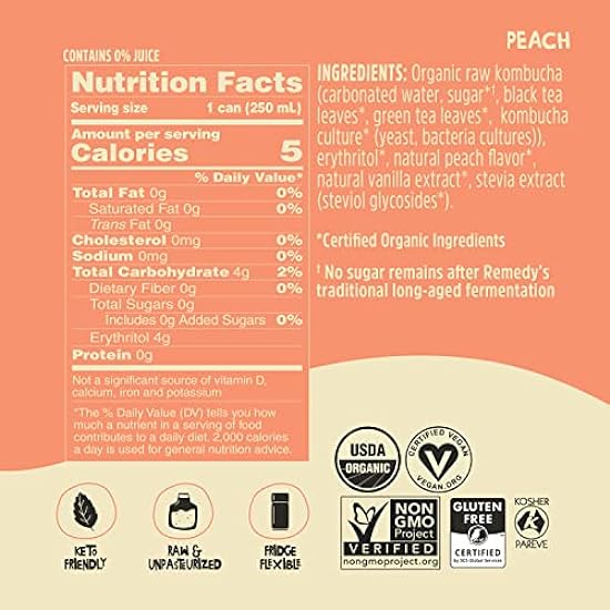 Remedy Kombucha Tee Organic Drink - Sugar Free, Keto, Vegan, Non-GMO, Gluten Free & Low Calorie - Sparkling Live Beverage w/Gut Health & Probiotic Like Benefits - Peach - 8.5 Fl Oz Can, 24-Pack 689945334