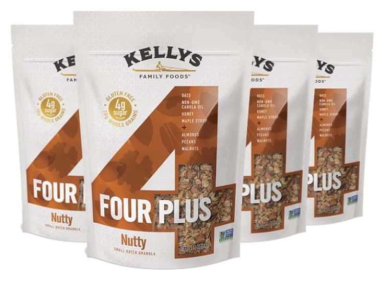 Kelly´s Four Plus Granola (Nutty) Healthy Granola Cereal with Whole Grain Oats, Honey, Maple Syrup - Non-GMO, Low Sugar, Sodium Free and Gluten Free Granola for Yogurt - 12oz (Pack of 4) 336926292
