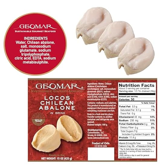 GEOMAR Locos (Chilean Abalone) in Brine - Hand Caught by Divers - Nutritious Seafood Delicacy - High in Protein and Ready-to-Eat - 3 Pieces per Can (15 oz) 7848718