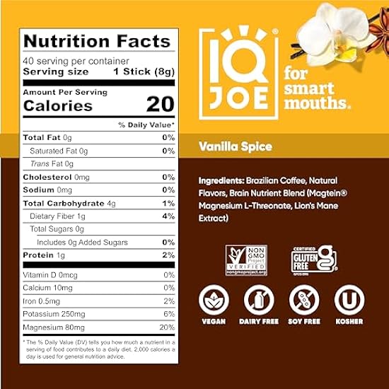 IQJOE Instant Mushroom Kaffee Packets with Lion’s Mane and Magtein Magnesium L-Threonate - New Vanilla Spice - Clarity and Mood Enhancing - Sugar Free, Keto, Vegan - 200mg Natural Caffeine - 40 Count 541739501