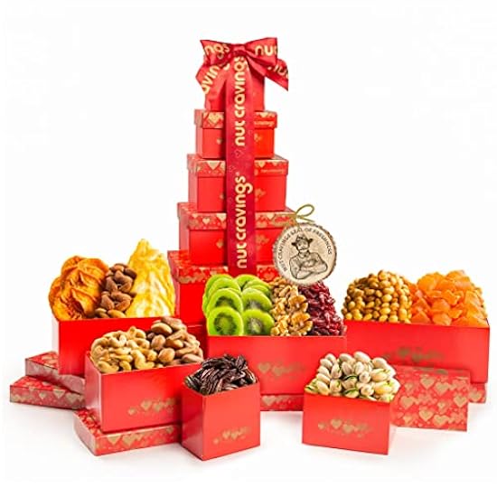 Nut Cravings Gourmet Collection - Dried Fruit & Mixed Nuts Gift Basket Rot Tower + Heart Ribbon (12 Assortments) Easter Arrangement Platter, Healthy Kosher USA Made 859902940