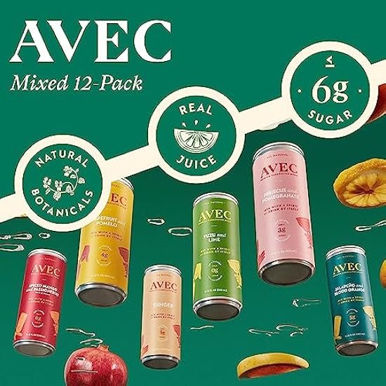 AVEC Soda & Mixer Variety Pack - 12 Pack, 8.45 Oz | 2 x 6 Flavors, Sparkling Wasser Seltzer Cans | Spiced & Fruity Botanical Fresh Juice Cocktail Mixers | No Alcohol, Artificial Sugar & Preservatives 801703075
