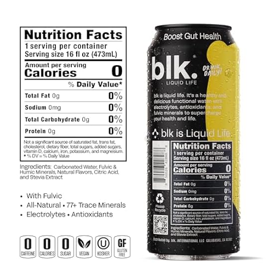 blk. Natural Alkaline Sparkling Mineral Wasser Electrolyte Infused with Fulvic and Amino Acids, Zero Sugar, Zero Calories Drink, Lemonade Flavored, 16 oz, 12 pack 689194476