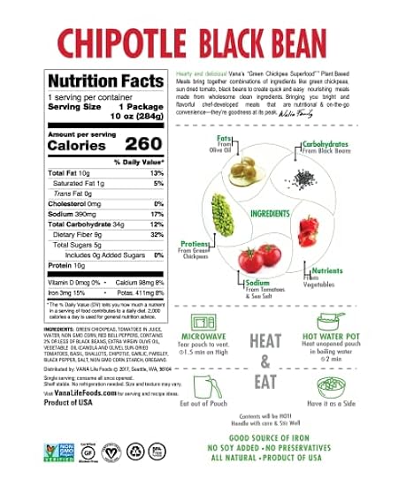 Vana Life´s Foods Plant based Ready Meal - Grün Chickpea Superfood Bowl Heat and Eat Microwaved Cooked Bowl | Product of the USA (Chipotle & Lime Combo, 6-Pack) 679252432