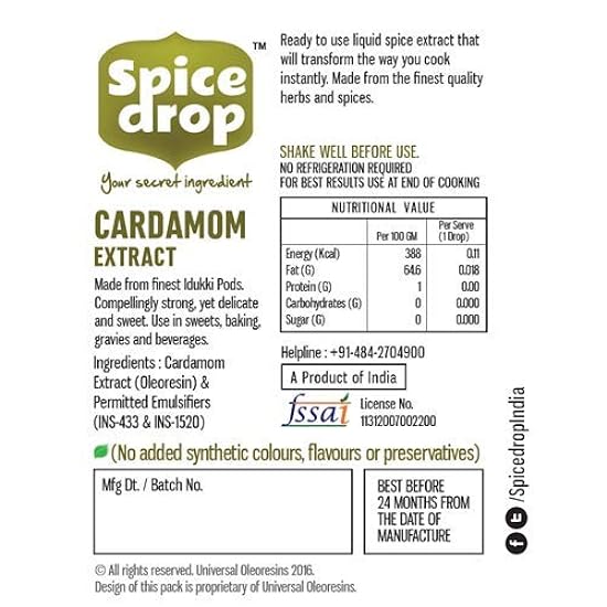 Spice Drop Cardamom Natural Extract ( Elaichi Drops ) for Food, Getränke and Dessert, No Additives, 5 ml ( Pack of 3  x 180 Drops) 933252066