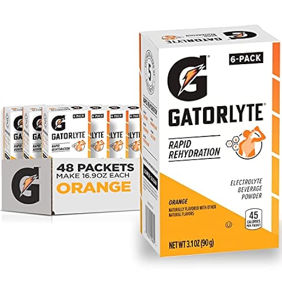 Gatorlyte Rapid Rehydration Electrolyte Beverage, Orange, Lower Sugar, Specialized Blend of 5 Electrolytes, No Artificial Sweeteners or Flavors, Scientifically Formulated for Rapid Rehydration, 48 pack. 1 pack mixes with 16.9oz (500ml) water.​ 805343179