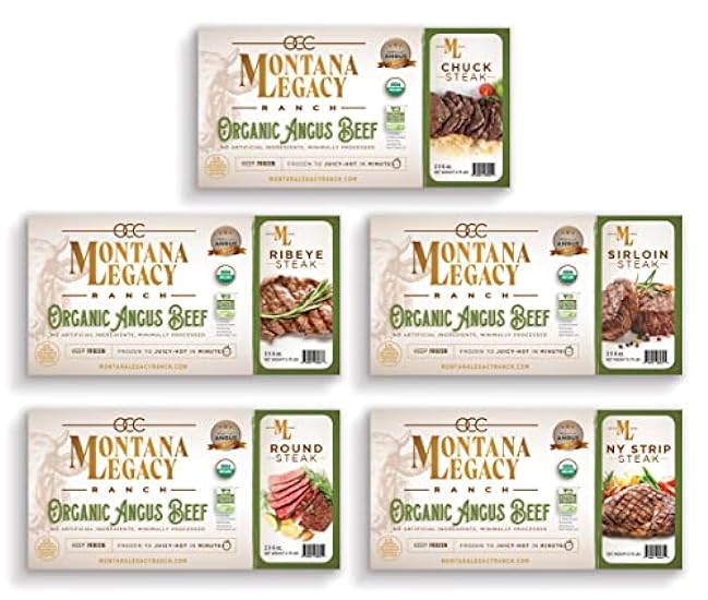 Montana Legacy Ranch Organic Steak Variety Bundle - Deluxe Gourmet Food Gift Pack - Filet Mignon, Ribeye, Sirloin, Chuck and Round Organic Steaks & Grass Fed Hamburger Patties - USA Steak For Delivery 843509308