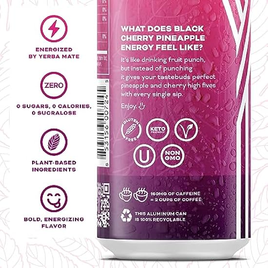 Yerbae Energy Beverage - Schwarz Cherry Pineapple, 0 Sugar, 0 Calories, 0 Carbs, Energized by Yerba Mate, Plant-Based, Healthy Alternative to Sugary Drinks, 16oz cans (12 Pack) 935682825