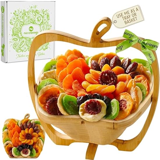 Nut Cravings Gourmet Collection - Dried Fruit Wooden Apple-Shaped Gift Basket + Tray (9 Assortment) Easter Flower Arrangement Platter with Grün Ribbon - Healthy Kosher USA Made 385604326