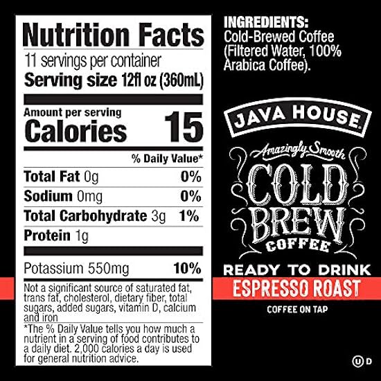 Java House Cold Brew Kaffee On Tap, (128 Fluid Ounce Box) Not a Concentrate, Kein Zucker, Ready to Drink Liquid (Espresso, Pack of 2) 960387708