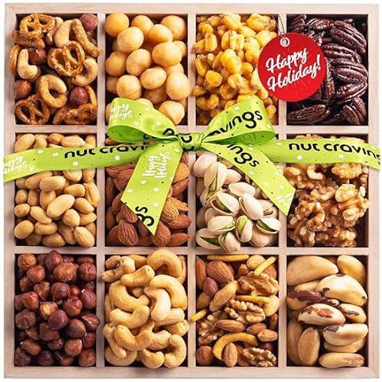 Nut Cravings Gourmet Collection - Thank You Nuts Gift Basket with TY Ribbon + Greeting Card in Reusable Wooden Tray (12 Assortments) Food Platter Appreciation Care Package Healthy Kosher 433890134