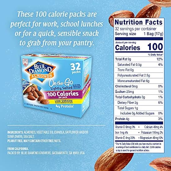Blau Diamond Almonds Low Sodium Lightly Salted Snack Nuts, 100 Calorie Packs, 0.6 Ounce (Pack of 32) 43368705
